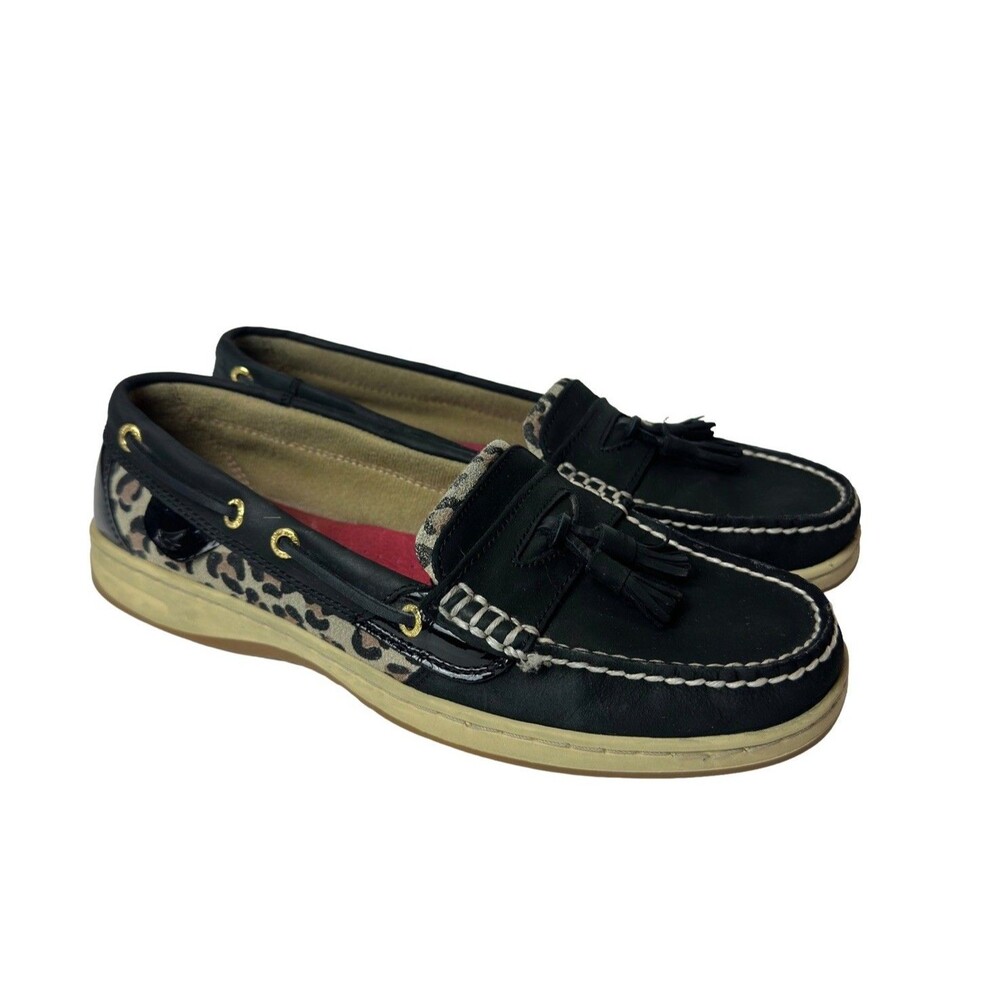 Sperry Top Sider Women Size 10M Black Boat Shoes, Animal Print Leather